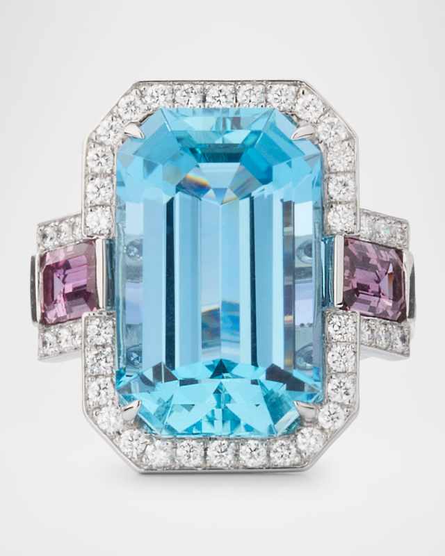 Platinum Diamond, Brazilian Aquamarine and Pink Sapphire Statement Ring